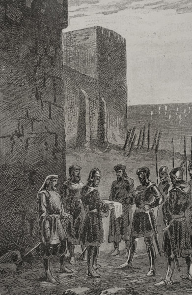 James and Charles of Anjou agreeing a truce next the walls of Gaeta, 1289 (1890). Creator: Unknown.