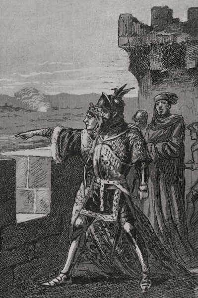 James and his mother on the battlement of the walls of Balaguer, 1413, (1890).  Creator: Unknown.