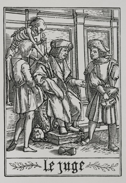 The Judge is visited by Death from "The Dance of Death", 1538, (1877). Creator: Unknown.