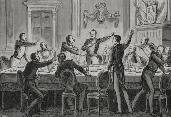 Baldomero Espartero holding a banquet with all his officers and Baron Nordenflicht..., 1879.  Creator: Unknown.