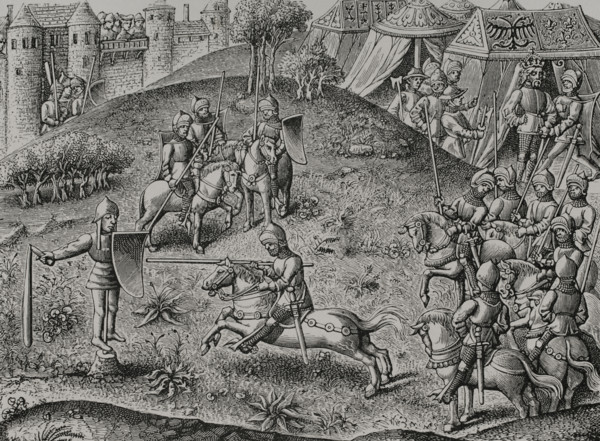 Exercise of quintain, mid 15th century, (1877). Creator: Unknown.