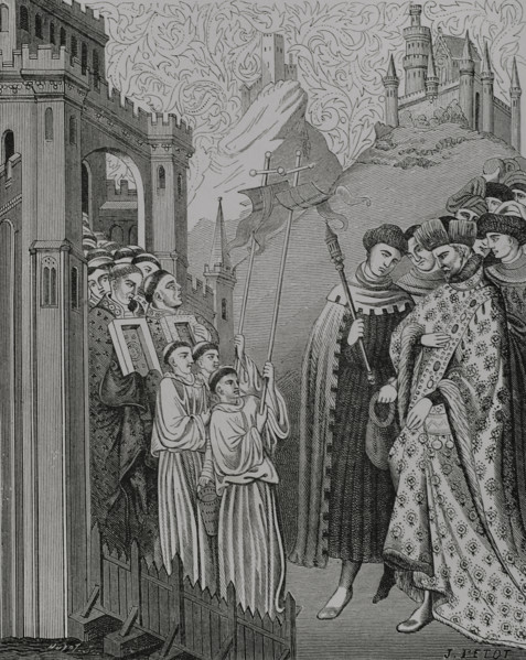 The clergy solemnly come with the cross and holy images before a lord at the door of a..., 1877.  Creators: Jules Jean Marie Joseph Huyot, J Petot.