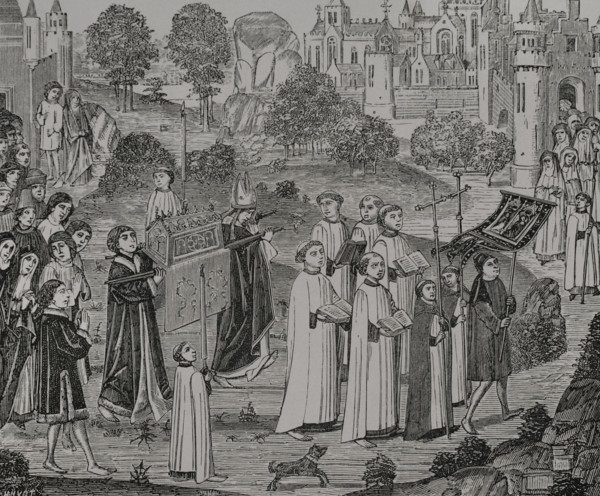 Count Renier bearing the body of Saint Veronica to Saint Waltrude Collegiate...1446-48 (1877).  Creator: Jules Jean Marie Joseph Huyot.