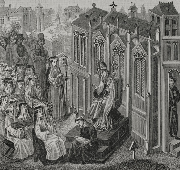 Canonesses gathered in Nivelles, where Walcaud, bishop of Liège, (810-832)...late 14th cent (1877).  Creator: Unknown.