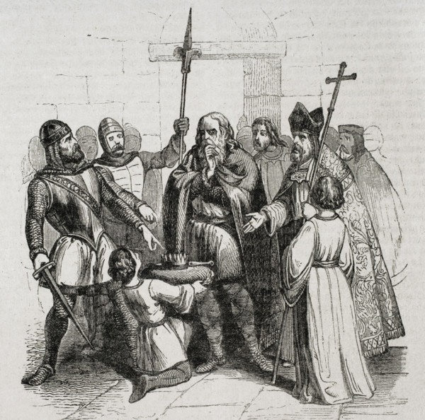 Coronation of King Wamba in Toledo, who was anointed by Bishop Quiricus on 20 September 672 (1852).  Creators: José Vallejo, Capuz.