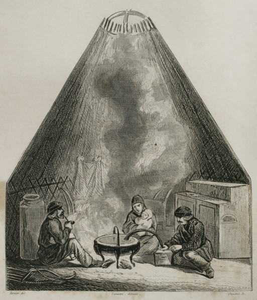 Inside view of a Kalmyk yurt, called gher, Russia, 1839.  Creator: Emile Louis Vernier.