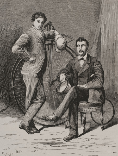 The velocipedists Emmanuel de Graffenried and Albert Laumaillé, (1848-1901)..., 1878.  Creator: Enrique Alba.