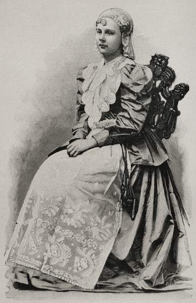Wilhelmina of the Netherlands, (1880-1962) in traditional costume, 1898.  Creator: Unknown.