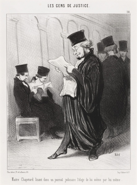 Maitre Chapotard lisant dans un journal judiciaire l'éloge de lui même par lui même, 1846. Creator: Honore Daumier.