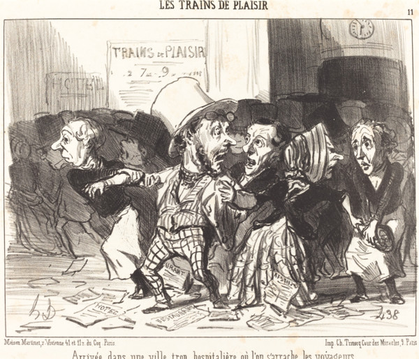 Arrivée dans une ville trop hospitalière où l'on s'arrache les voyageurs, 1852.  Creator: Honore Daumier.