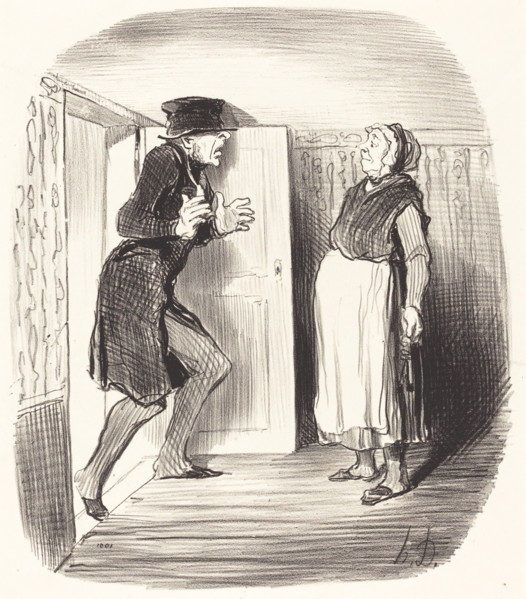 Inconvénient de visiter, sans précaution, un entresol dont le plafond est un peu trop bas, 1847. Creator: Honore Daumier.