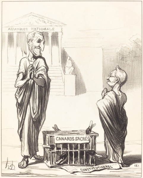 Les Augures de l'Empire s'apprêtant à consulter les entrailles des canards sacrés..., 1850.  Creator: Honore Daumier.