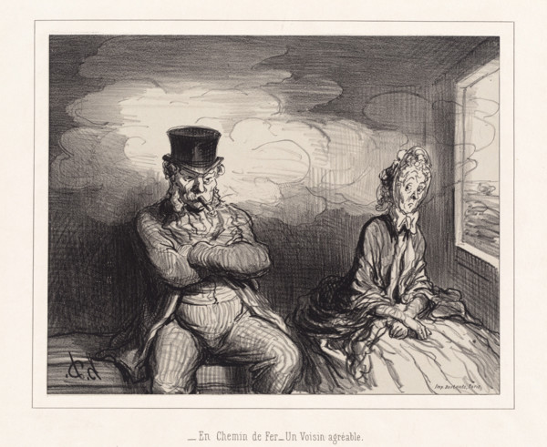 En Chemin de Fer - Un Voisin agréable, 1862. Creator: Honore Daumier.