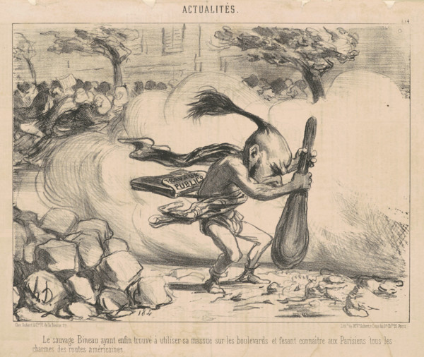 Le sauvage Bineau ayant enfin trouvé à utiliser sa massue sur les boulevards..., 1850.  Creator: Honore Daumier.