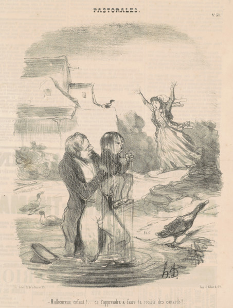 Malheureux enfant! ... ça t'apprendra à faire ta société des canards!..., c 1845. Creator: Honore Daumier.