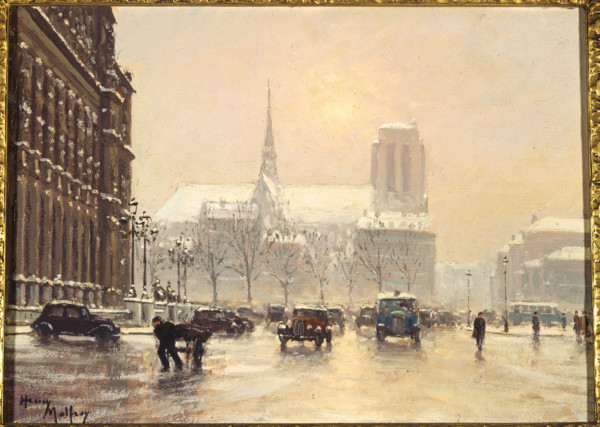 Notre-Dame seen from the square at Hotel de Ville, in snowy weather, c1930. Creator: Henry Malfroy.