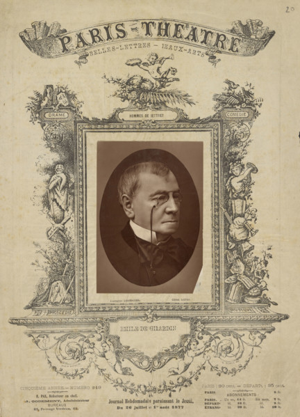 Emile De Girardin Paris theatre cover, about 1877. Creator: J. M. Lopez.
