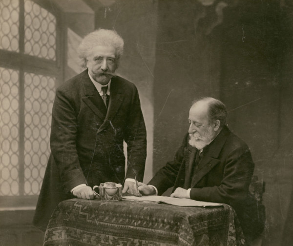 Joseph Hollman and Camille Saint-Saëns, 1907.  Creator: Paul Nadar.