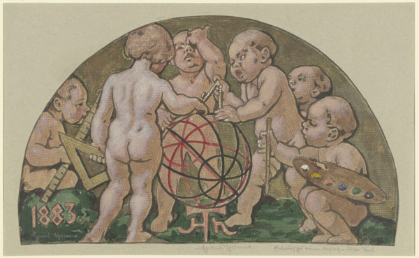 Putti with armillary sphere from the (destroyed) mosaic at the "Zum Kaiser Karl" house..., c1882-83. Creator: Hans Thoma.