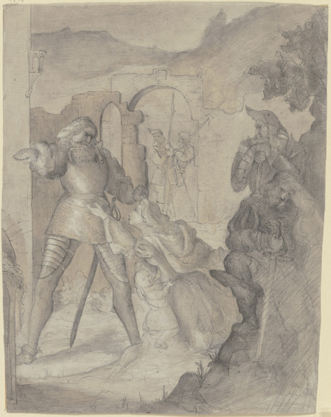 A woman with a child kneels imploringly before a knight, with other knights and a castle beside her. Creator: Victor Muller.