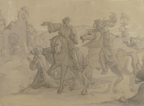 A mounted king shows a warrior on horseback the way to a ruin above which a star shines, 1846. Creator: Victor Muller.