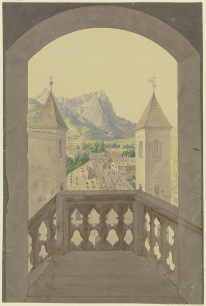 Wooden balcony with stairs, view of a Tyrolean village, snow-capped mountains..., 19th century. Creator: Karl Ballenberger.
