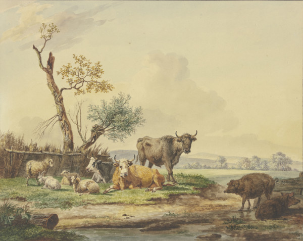 Cattle grazing by a fence, two pigs on the right, late 18th century. Creator: Pieter Gerardus van Os.