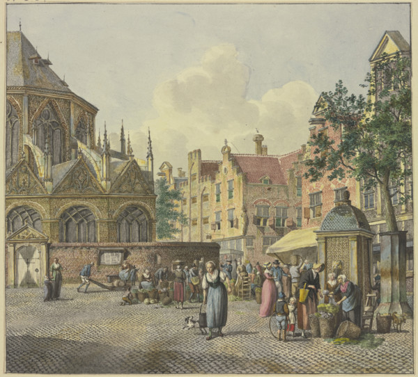On the left, the chancel of a church; on the right, a well house with vegetable vendors, 18th cent. Creator: Johannes Huibert Prins.