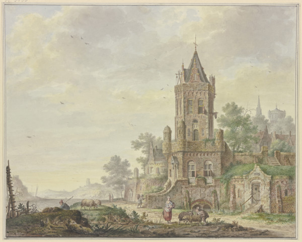 Town with an old tower by the water, a woman with a boy and two sheep in the foreground, 18th centur Creator: Pieter Bartholomeusz. Barbiers.