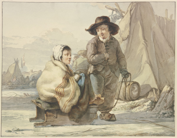 Girl on a sled, next to her a boy, in a camp, 18th century. Creator: Jacob van Strij.