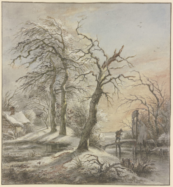 Winter landscape, a hiker crosses a stream on a footbridge, 18th century. Creator: Jan Hulswit.