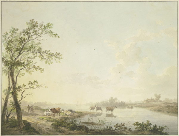 Foggy morning by a river, seven cows on the bank, some standing in the water, 1803. Creator: Abraham Teerlink.
