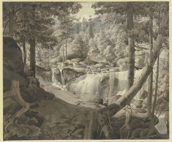 Wooded landscape with a waterfall, pilgrims crossing a bridge in the background, 19th century. Creator: August Georg Friedrich Lucas.