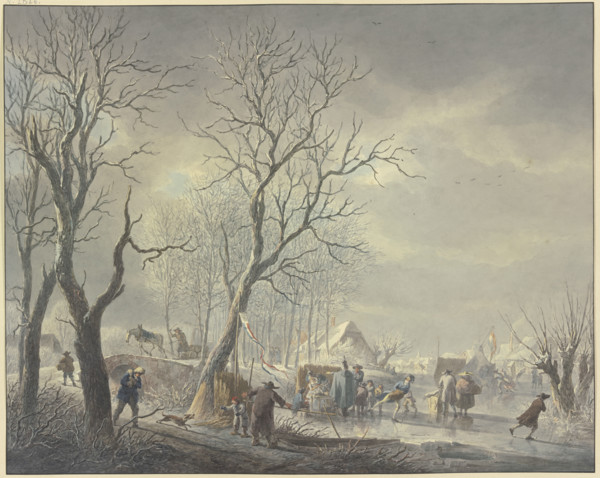 Winter landscape, skaters near tents on the canal, a hussar embraces a girl holding...19th century. Creator: Abraham Teerlink.