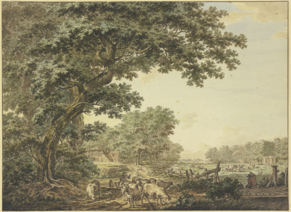 Meadow between the forest with many cattle, in the foreground a shepherd with his flock...18th cent. Creator: Jacob Cats.