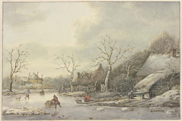 Winter landscape with skaters on a canal, 18th century. Creator: Jan Hulswit.