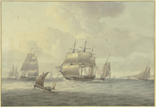 Slightly choppy sea, among many ships a three-masted ship with full sails to the left..., 1788. Creator: Dominic Serres.