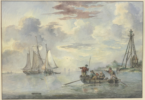 Calm sea, the sun rises, in the foreground a boat with several people heads towards..., 18th century Creator: Leendert de Koningh.
