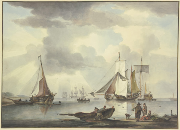Many ships, on the right on the beach a woman and two men, one of whom holds..., 18th century. Creator: Leendert de Koningh.
