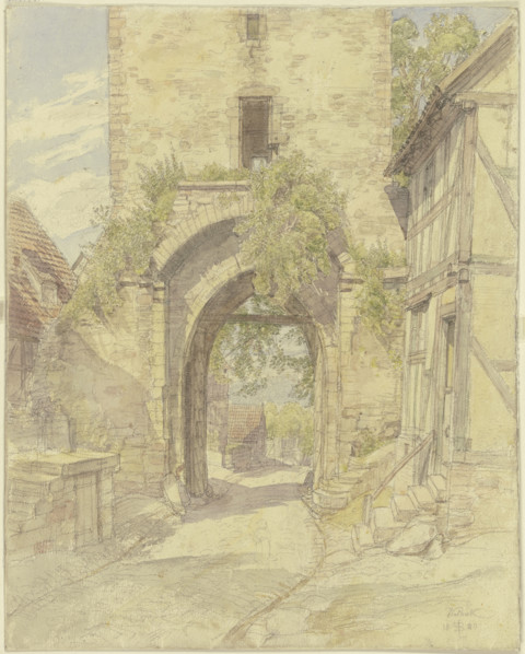 Gateway in Waldeck with a view of a road leading downhill, 1880. Creator: Peter Becker.