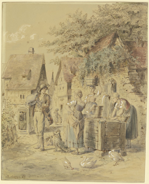Maids and a journeyman at the well, 1887. Creator: Bertha Bagge.