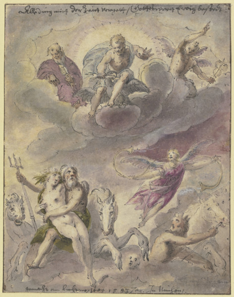 Neptune and Amphitrite with sea gods, horses, and the flying Fama; Jupiter, Mercury..., 1593. Creator: Georg Beham.