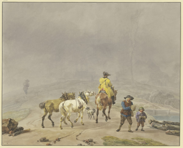 Mounted postilion with two lead horses in a winter landscape, 18th century. Creator: Wilhelm von Kobell.