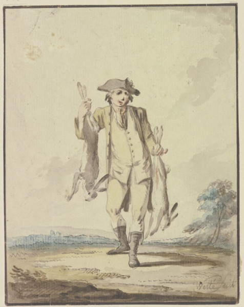 Hunter carrying two hares, late 18th century. Creator: Gottlieb Welte.