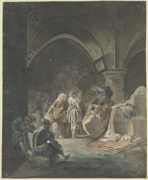 Soldiers and sutlers in a vaulted room with barrels and crates, 18th century. Creator: Gottlieb Welte.