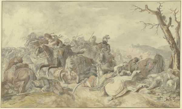 Cavalry charge against infantry, a dying drummer on the right, late 18th century. Creator: Georg Friedrich Hoch.
