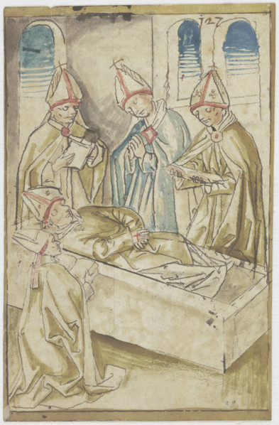 Four clergymen praying around a coffin (The Death of Saint Ulrich), 15th century. Creator: German, 15th century;.
