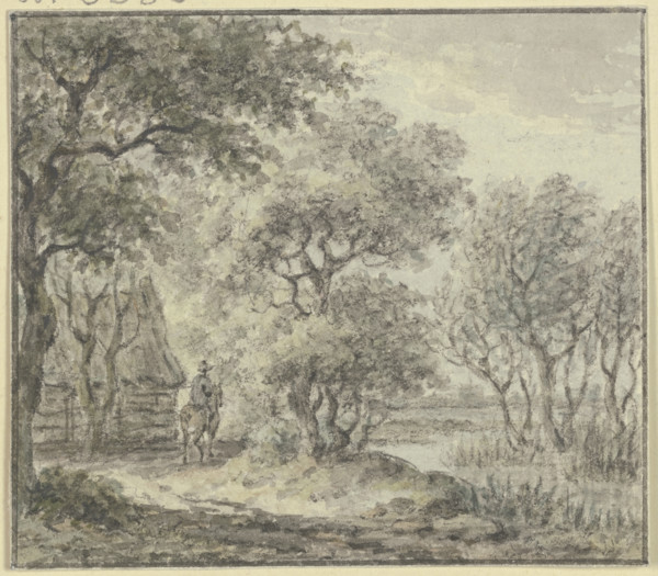 Woodland scene with water and a house, including a rider, 18th century. Creator: Jan Evert Grave.