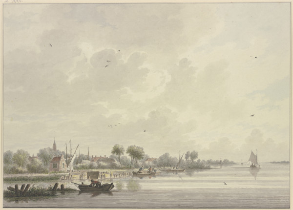 Dutch village on a wide river bustling with several boats, a bird flies on the water...18th century. Creator: Nicolaas Wicart.