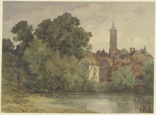 Pond, behind it the houses of a village with a church steeple, 19th century. Creator: Karl Peter Burnitz.